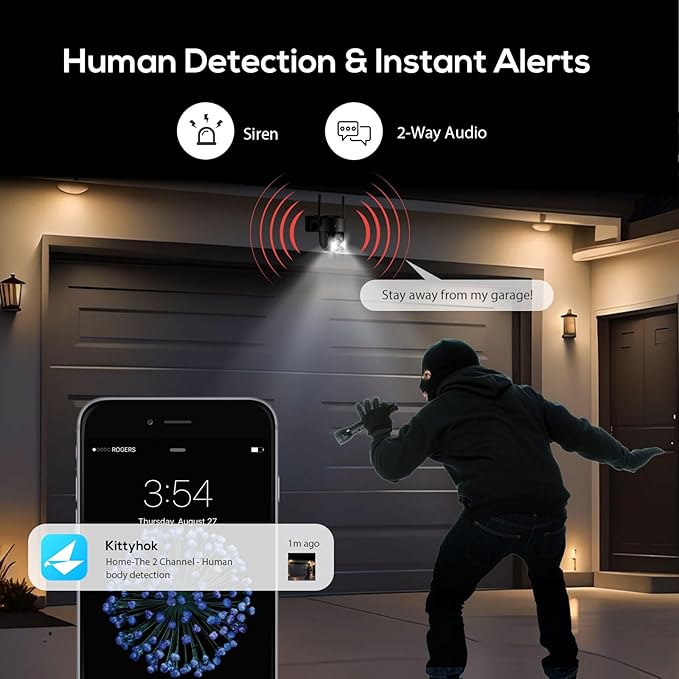 Kittyhok Solar Camera Security Outdoor | 2k Black Wireless Security Camera Outdoor, Solar Powered, 360° Viewing, Human Detection, Spotlight for Home Security, Local Storage