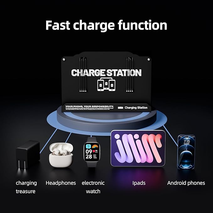 Wall Mounted 8 Port Charging Station with Fast Charigng Cables – Multi Device Charging Dock for Office, Hotel & Public Spaces | Compatible with iPhone ipad Smartphone Tablets Android Port (Black)