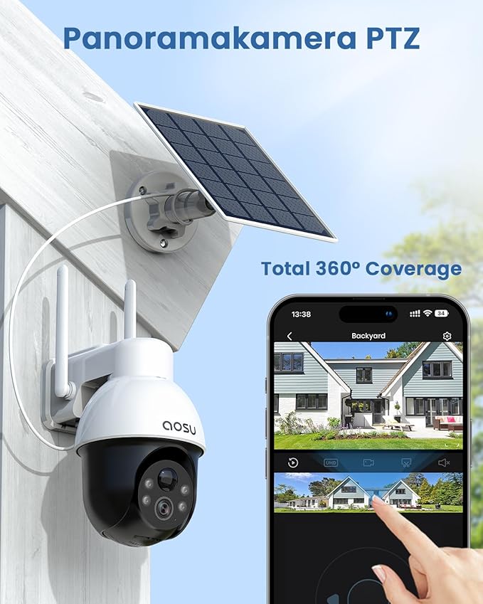 AOSU Solar Security Camera Wireless Outdoor System, 3K/5MP Battery Powered WiFi Camera for Home Security, Panoramic PTZ, Auto Tracking, Human/Vehicle Detection, Night Vision, Spotlights, 2-Way Talk