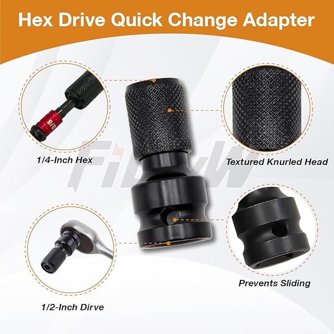 1/2-Inch Drive to 1/4-Inch Hex Drive Quick Change Adapter with Impact Grade Socket Adapter Set, Socket Adapter Converter Chuck Adapter for Impact Air and Electric Wrench