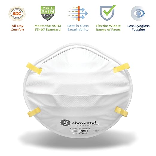 Shawmut Protex™ N95 Mask, Made in the USA NIOSH Approved, Particulate Respirators, Protective Face Mask for Dust, Construction, Medical, 12 Pack of 20 (Approval Number TC-84A-9295 / Model SR9520)