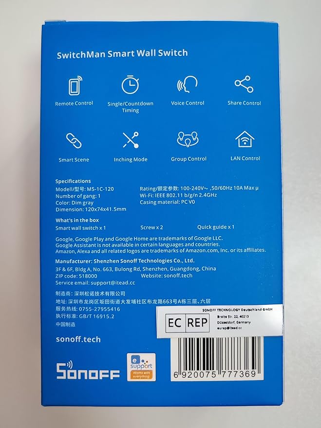 SONOFF Smart Light Switch, 2.4GHz WiFi Light Switch, Alexa Light Switch Compatible with Alexa and Google Home, Smart Life Light Switch Neutral Wire Required, Interruptor Inteligente M5 1 Gang