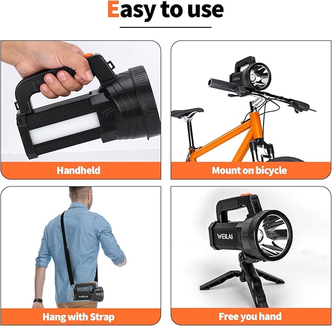 Superbright Handheld LED Spotlight Flashlight Powerful Searchlight USB Rechargeable Lantern with Power Bank Function Portable Camping Emergency Light (White Light)