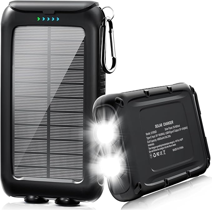 Solar-Charger-Power-Bank-49800mAh Portable Solar Phone Charger with LED Flashlight/15W Fast Charge USB C Waterproof External Backup Battery Pack for All Cell Phones & Electronic Devices