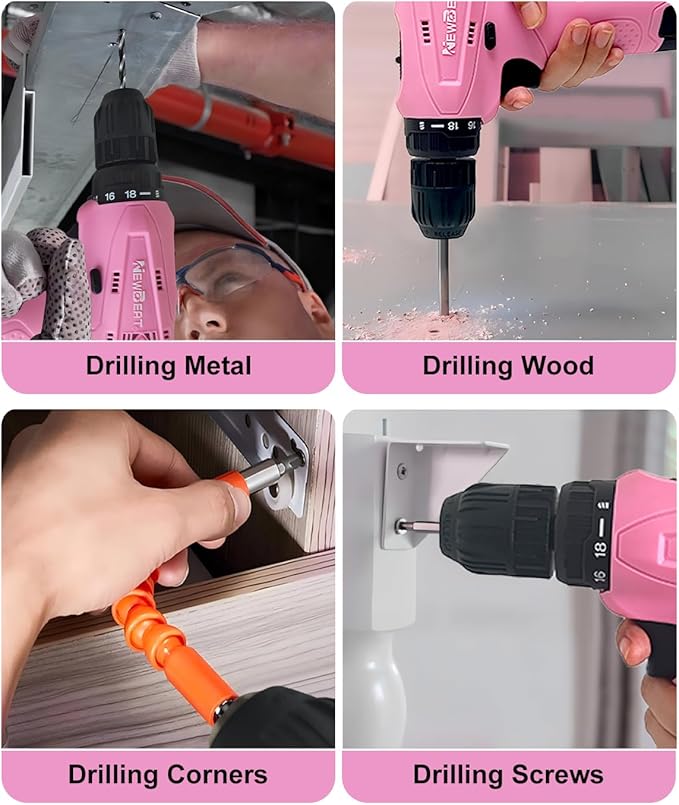 NEWBEAT Cordless Drill Set, 12V Power Drill Driver with 2 Battery and Charger, Pink Electric Drill Power Tool for Women