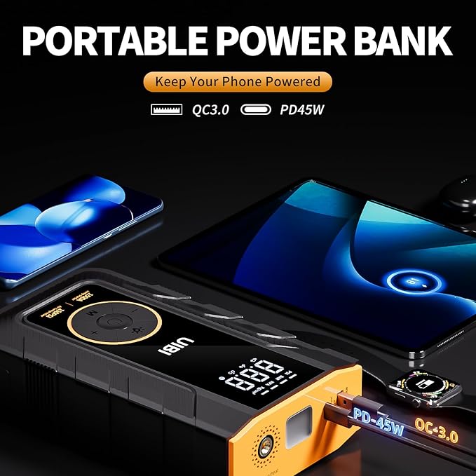 Jump Starter with Air Compressor, X3 1500A Car Battery Jumper Starter Portable for 8.0L Gas or 6.0L Diesel Engine, 12V Jump Box with Smart Jumper Cables, 150PSI Tire Inflator, PD45W, LED Light