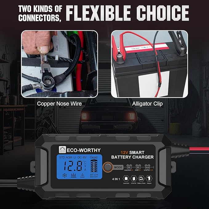 ECO-WORTHY 12V 5A Automatic Smart Battery Charger and Maintainer LCD Display for Lead Acid and Lithium (LiFePO4) Battery
