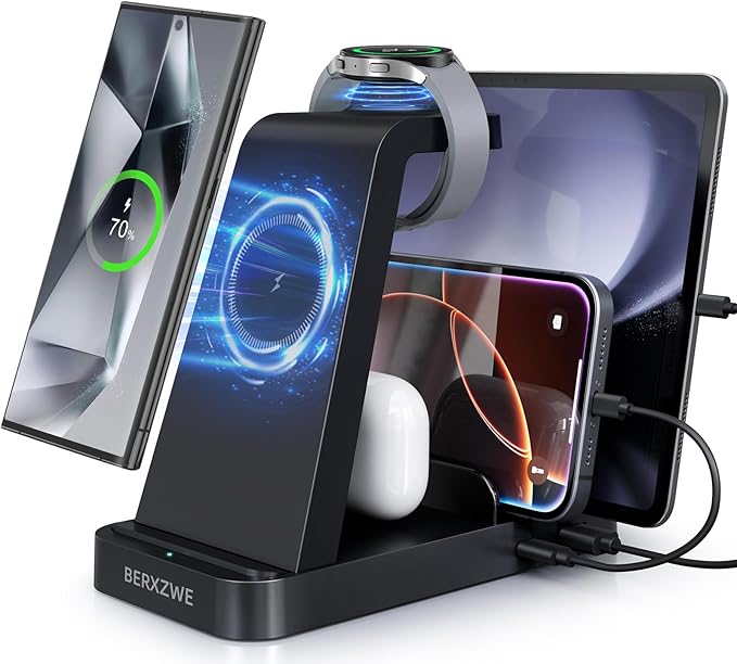 Wireless Charger for Samsung Charging Station, 5 in 1 Wireless Fast Charger for Galaxy S25 Ultra/S24 Ultra/S23/S22, Watch Ultra 7/6/5/4/3, Charger Dock Stand for All Galaxy Tab Series,Black