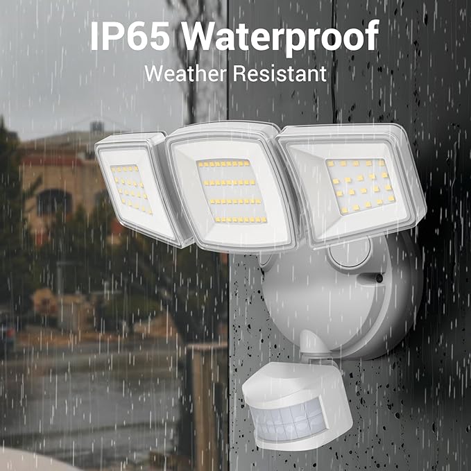 NOVOSTELLA Security Lights Motion Sensor, 1Pack LED Flood Lights Outdoor with Remote, Dusk to Dawn 45W 5000lm 5000K, 3 Heads Wired Wall Adjustable Floodlights, IP65 Waterproof for Garage Yard House