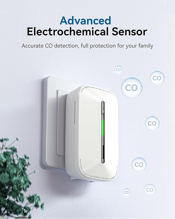 SITERWELL Plug in Carbon Monoxide Detector 10 Year Battery, CO Alarm Detector with Electrochemical Sensor and Sound Warning, AC Powered Portable Carbon Monoxide Detector for Home Office Travel,1-Pack