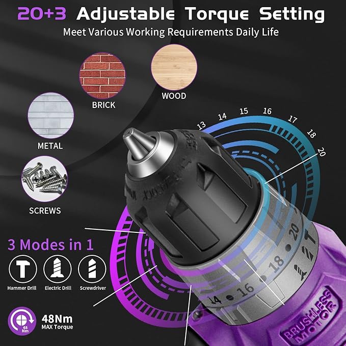 Brushless Cordless Drill Set, 20V Compact Power Driver, Purple Electric Motor, 20+3 Torque Setting, 48 N.m, 2 Variable Speed, 23pcs Driver Bits, With Tool Box
