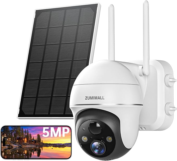ZUMIMALL 5MP Security Cameras Wireless Outdoor, Solar Security Camera Outdoor with 360° PTZ, Battery Powered Camera for Home Security Outside, Color Night Vision/2.4G WiFi/2-Way Talk/IP66/AI Detection