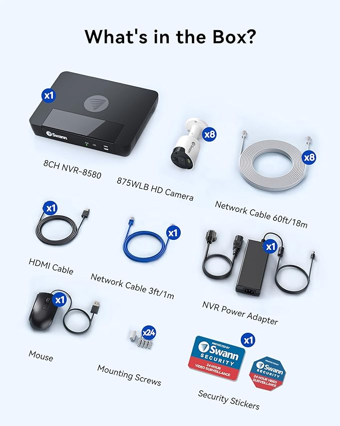 Swann 4K Master Security Camera System, 8pcs PoE Bullet Cameras, 8CH Cat5e Wired NVR System with 2TB HDD, Sensor Spotlights, Color Night Vision, 24/7 Home Surveillance, True Detect, Indoor/Outdoor