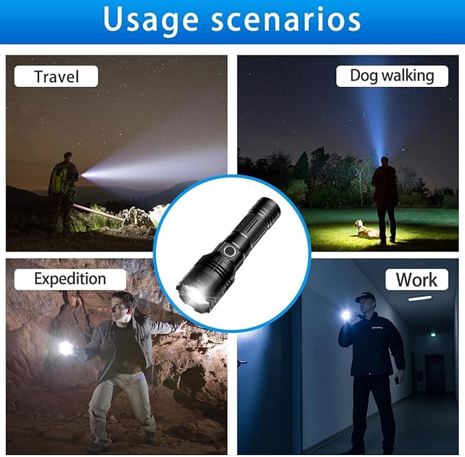 Rechargeable Flashlight, Tactical Flashlights 2000 High Lumens, USB C Bright Flashlights, Handheld LED Flashlight Rechargeable 5 Modes for Home,Camping, Police, etc