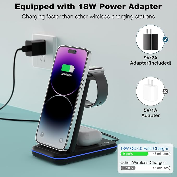 Wireless Charger for iPhone, Foldable 3 in 1 Fast Charging Station/Stand/Multi Charger for iPhone15 14 13 12 11/Xs/XR/X/8, Travel Pad for Apple Watch S8/Ultra/7/6/5/4/3/2/SE, Airpods 2/3/Pro/Pro 2