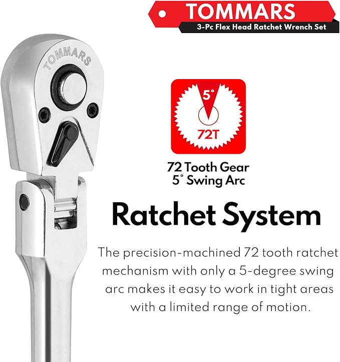 TOMMARS Flex-Head Ratchet Set, 1/4", 3/8", 1/2" Drive Flexible Ratchet Handle Wrench 72-Tooth Quick-Release Reversible