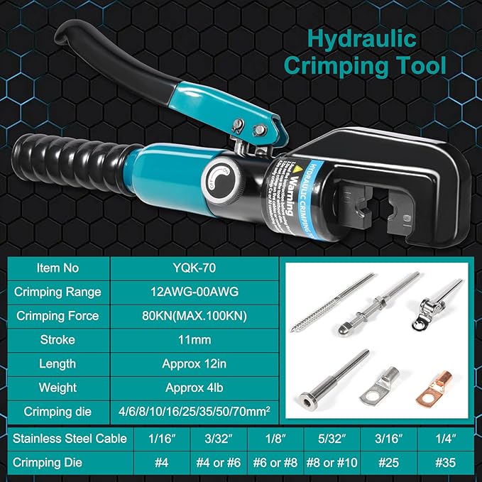 10 Tons Hydraulic Crimping Tool, Hydraulic Crimper for 12 AWG to 2/0 AWG Battery Cable,1/16" 1/8" 3/16" Stainless Steel Cable, Battery Cable Crimper Tool with Cable Cutter & 9 Dies
