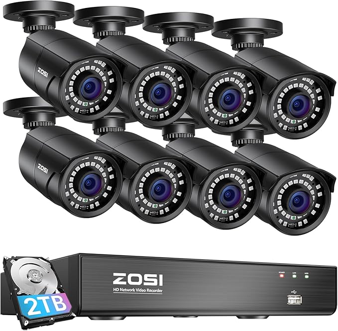 ZOSI 8MP 4K PoE Home Security Camera System Outdoor, H.265+ 8CH PoE NVR (16CH Expandable) with 2TB HDD for 24/7 Recording, 8PCS 5MP(3K) Bullet PoE IP Cameras, Motion Detection, Remote Control