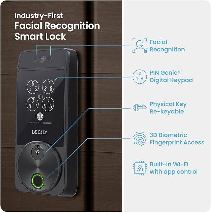 Lockly Visage Zeno Series Smart Lock, Facial Recognition & Fingerprint Keyless Entry Door Lock, Built-in Wi-Fi Deadbolt with Apple Home Key, PIN Genie Keypad, App Remote Control, Easy Installation