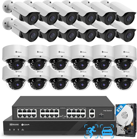 4COVR 4K PoE 32 Channel Security Camera System, 12 Dome IK10 Vandal-Proof 12 Bullet 8MP Commercial IP Camera IP67 Night Vision, AI Human/Vehicle Detection, Business UHD NVR 8TB HDD, LYH54A8M3224