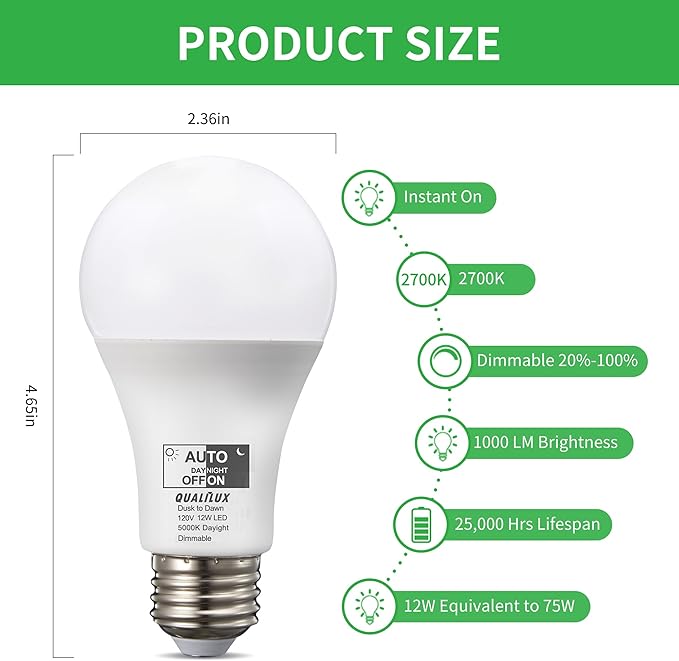 Dimmable Dusk to Dawn Light Bulbs Outdoor, Automatic Light Sensing Bulb, 1000LM, 75W Equivalent, Daylight, LED 12W, A19 E26 Base, 2 Pack, HQ-H029