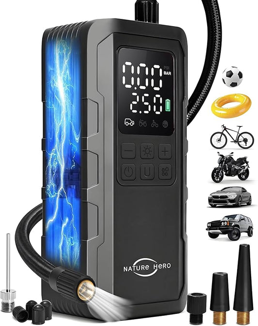 Tire Inflator Portable Air Compressor and Power Bank - 150PSI Compressor Portable Tire Inflator for Car, Motorcycle, Bicycle, Balls - Car Air Pump,Black