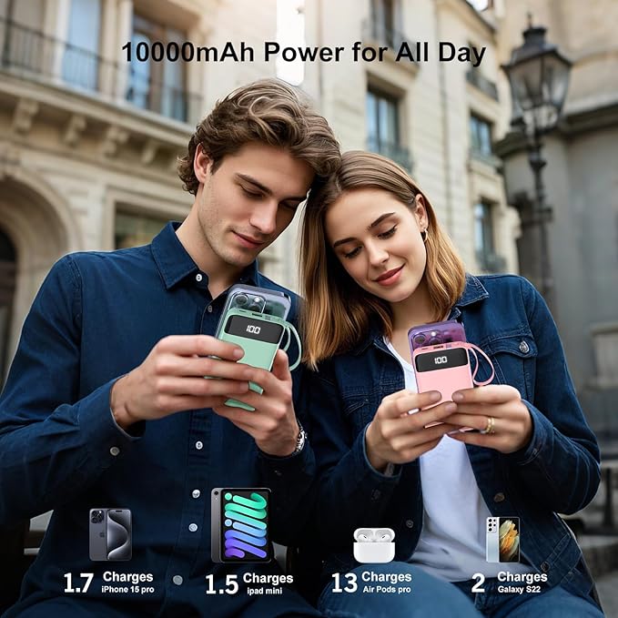 Portable Charger 10000mAh Power Bank with Built-in Cable, 5 Output 2 Input Travel Essential External Battery Pack with LED Display Compatible with iPhone 16/15 Samsung S22 Android,etc