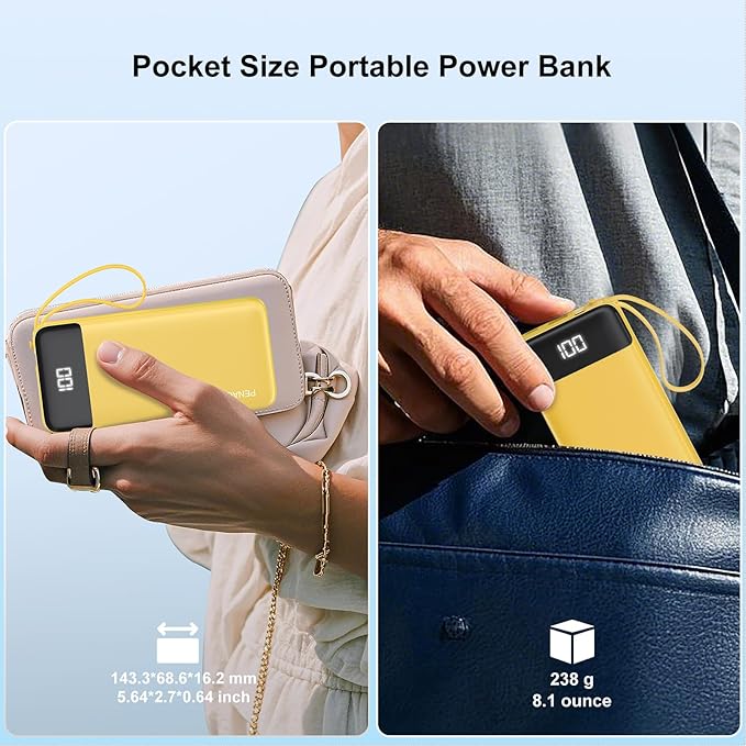 Portable Charger 10000mAh Power Bank with Built-in Cable, 5 Output 2 Input Travel Essential External Battery Pack with LED Display Compatible with iPhone 16/15 Samsung S22 Android,etc