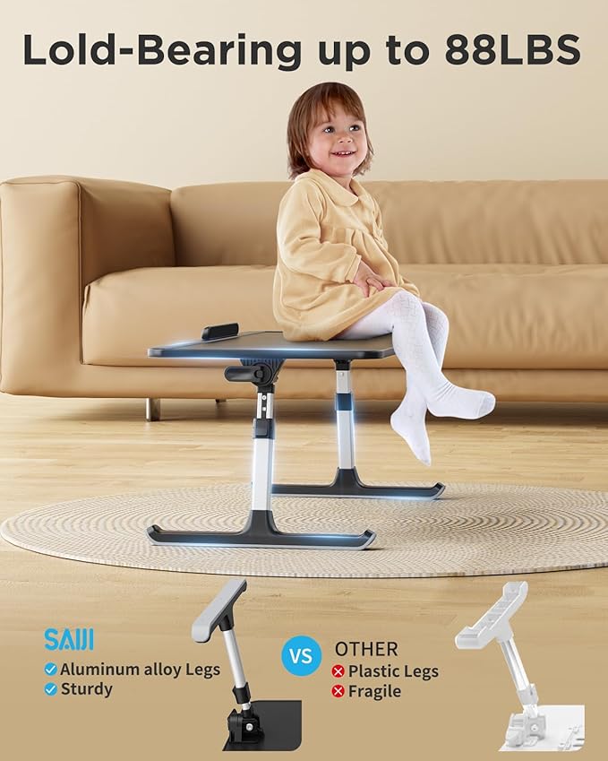 SAIJI PU Leather Laptop Bed Tray Table, Adjustable Laptop Stand with Removable Stopper, Portable Lap Desks with Foldable Legs, Notebook Stand Breakfast Reading Desk for Sofa Couch(Large, Black)