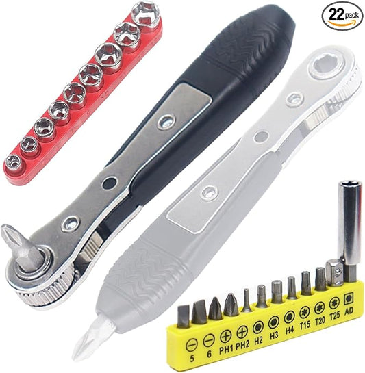 22-in-1 Mini Ratcheting Screwdriver Set - Angled for Tight Spaces, Includes 90 Degree Offset Screwdriver, Bent Ratchet Wrench Bit Socket, Phillips Screwdriver - Men's Gift