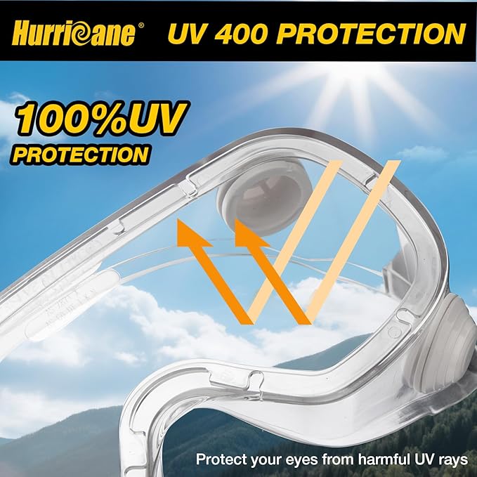 HURRICANE 2 Pack PVC safety goggles, UV400 transparent lenses, with white air valve, anti-fog function, adjustable elastic band