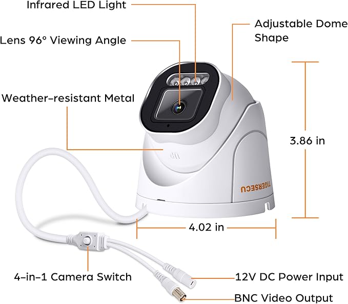 TIGERSECU 5MP Wide Angle Dome Security Camera for DVR, Weatheproof for Indoor/Outdoor Use, Hybrid 4-in-1 with OSD Switch, for TVI, CVI, AHD, CVBS DVRs (Power Supply and Coaxial Cable Sold Separately)