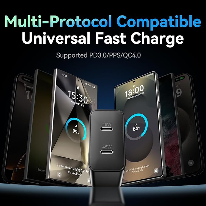 2Port 45W Super Fast Charger USB Type C Charger Fast Charging 6.6FT Cord with Android Phone Charger Adapter for Samsung Galaxy S25 Ultra/S25+/S24/S24 Ultra/S23/S22/S20/Note10+/Tab S9,2Pack