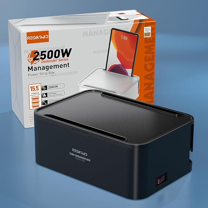 Power Strips with Cable Management Box,Redagod Surge Protector with 8 Outlets 3 USB Ports with Switch Control,6.6 ft Plug Extension Cord,Power Cord Organizer Charging Station for Dorm, Office, Home