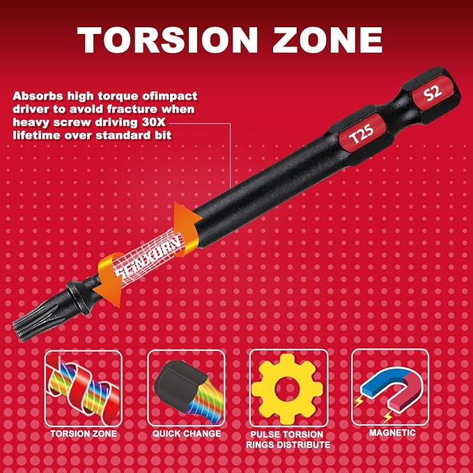 10 Pieces 3 In. T25 Impact Tough Magnetic Screwdriver Bit Set, #25 Torx Head Power Bits, S2 Alloy Steel Star Bits with Storage M-Box