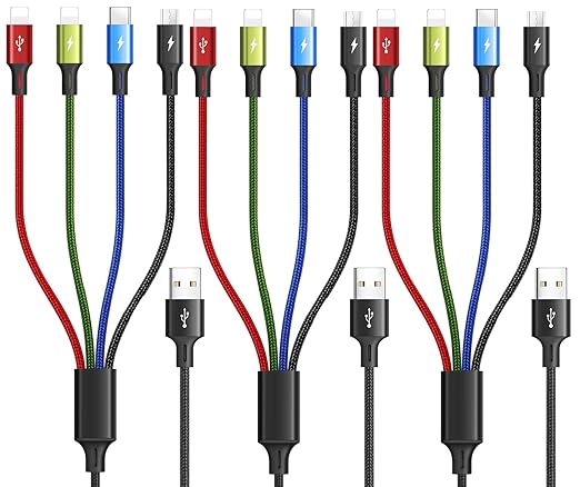 Multi Charging Cable, 3Pack 4FT Multiple Fast Charging Cord 4 in 1 Multi Charger Cable USBC Cable with IP/Type C/Micro USB Port Adapter for Cell Phones/iPhone Series/Samsung Galaxy/PS/Tablets & More