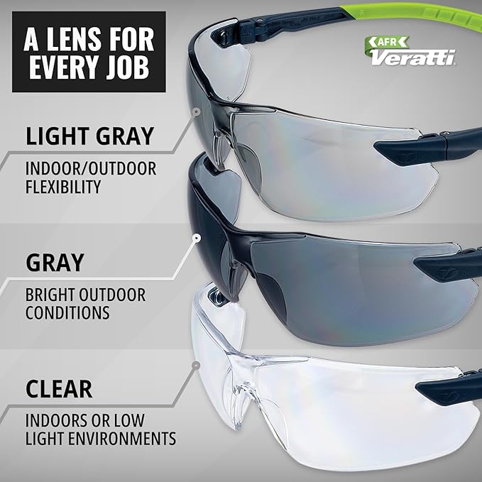 Veratti Toretto Safety Glasses, Anti-Fog Gray Lens, ANSI Z87.1 Certified, Gray/Green Frame, Affordable Eyewear