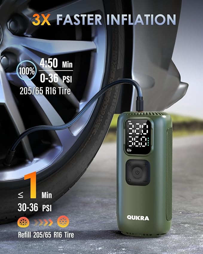 T22 Tire Inflator Protable Air Compressor, 3× Faster Auto Cordless Air Pump, 160PSI Tire Pump, Smart Electric Pump with LED Light and Digital Display for Car Motorcycle Bike and Ball, Green