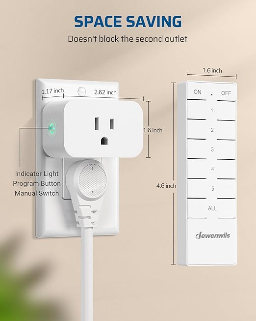 DEWENWILS Remote Control Outlet with All On/Off Button, Indoor Remote Outlet Switch for Christmas Tree Lights, Lamps, Fan, 2 Mountable Brackets, 15A/1875W, 100FT, FCC Listed, 2 Remote and 5 Outlets