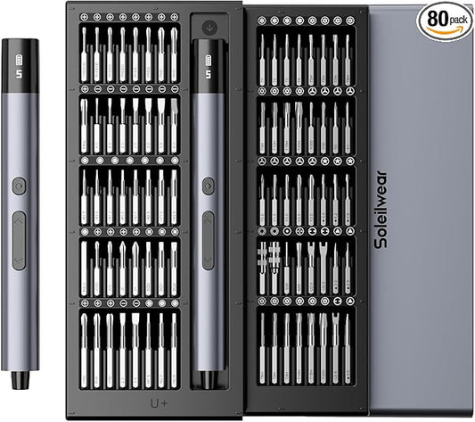 Electric Screwdriver Set, 80-in-1 Mini Electric Precision Screwdriver Cordless with 5 Torque Levels, Max 0.75N.m, 500mAh Battery, Small Power Screwdriver Kit for Laptop, Phone & Electronics Repair