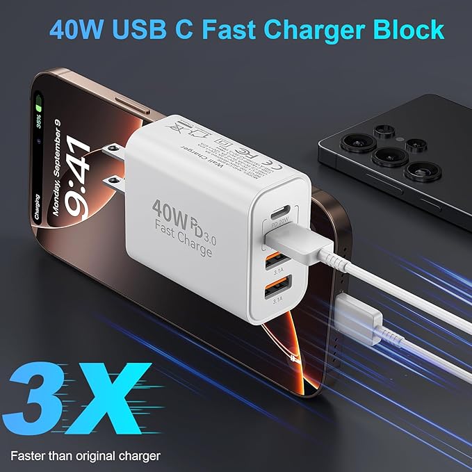USB C Charging Block, 40W Type C Wall Charger Block 4-Port PD 3.0 & QC Multiport iPhone 16 15 Fast Charger Cube Wall Plug Brick for iPhone 16/15/14/13/12/Pro Max,iPad Pro/Air,Samsung Galaxy S25/S24