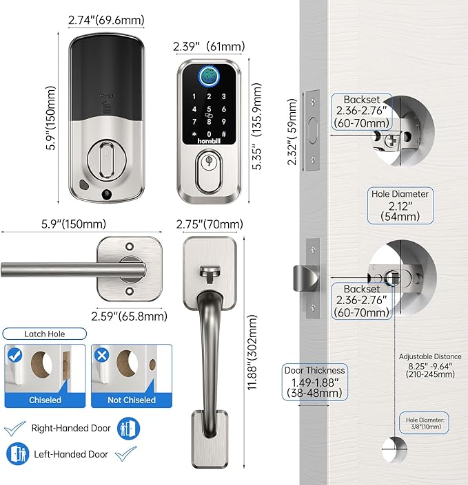 WiFi Fingerprint Smart Door Lock: Keyless Entry Door Lock Deadbolt with Handle,Hornbill Smart Locks for Front Door, Entry Door Keypad Lock Set, Electronic Digital Biometric Bluetooth Lock-Satin Nickel