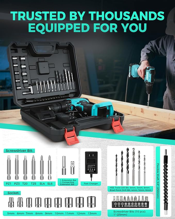 COMOWARE 20V Cordless Drill, Electric Power Drill Set with 1 Battery & Charger, 3/8” Keyless Chuck, 2 Variable Speed, 266 In-lb Torque, 25+1 Position and 34pcs Drill/Driver Bits