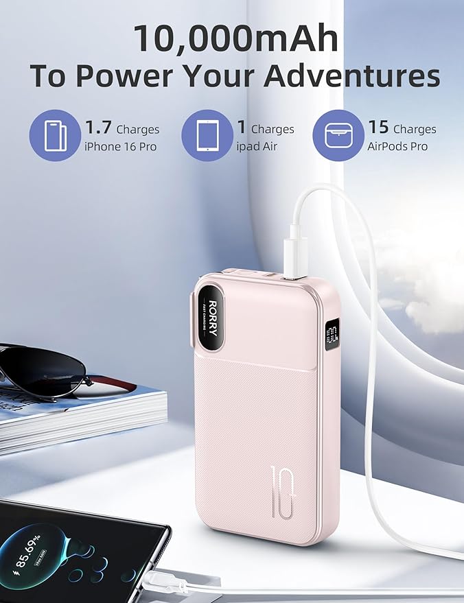 RORRY Portable Charger Built in Cables, AC Wall Plug in Portable Charger Power Bank 10000mAh Travel Battery Pack 22.5W Fast Charging for iPhone 16/15/14 Samsung Galaxy S24/S23/S22 Pixel LG iPad, Pink