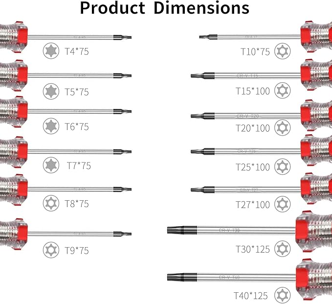 13-Piece Magnetic Torx Screwdrivers Set, Security Tamper Proof, T4、T5、T6、T7、T8、T9、T10、T15、T20、T25、T27、T30、T40 (red)