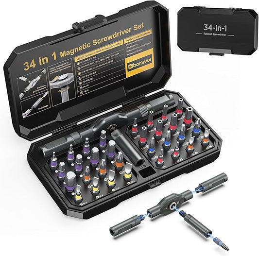 2025 New 34 in 1 Magnetic Screwdriver Set, DIY Ratchet Screwdriver Set with 32 PCS Bits, T Handle, Storage Case, Portable Repair Tool Kit for Men Furniture, Electronics, Computer, Bicycle