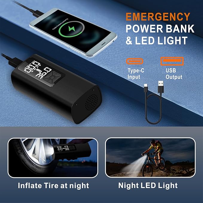 Tire Inflator Portable Air Compressor, 150 PSI & 3X Faster Cordless Air Pump for Car Tires, with Tire Pressure Gauge, LCD Dual Screen, Automatic Stop and LED Light, Bike Pump, for Motorcycle, Ball