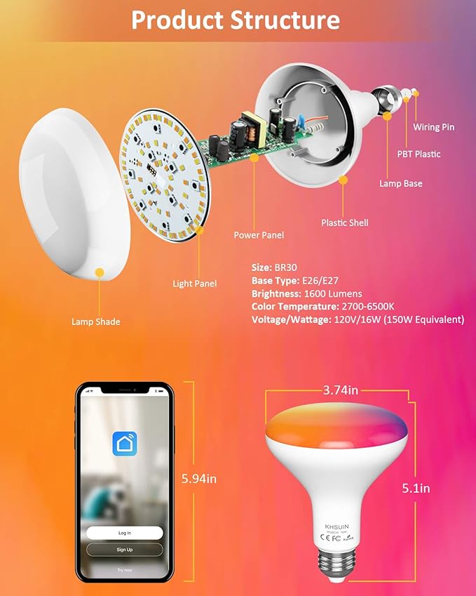 WiFi Smart Light Bulbs 150W Equivalent, 16W Dimmable 1600LM BR30 Flood Smart Bulb Works with Alexa Google Home No Hub, E26 Color Changing LED Alexa Light Bulb, 2700K-6500K RGBCW CRI>90, 4 Pack