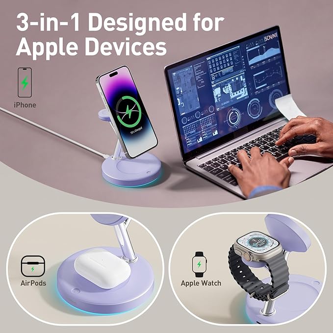 2025 3 in 1 Charging Station Compatible with Magsafe Charger Wireless Charger Stand for iPhone16 15 14 13 12 Series Wireless Charging Station for AirPods Wireless Charging Stand for iWatch Series
