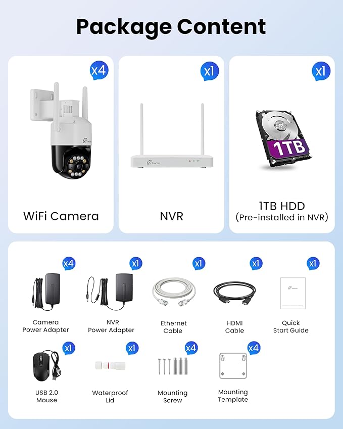 4K Wireless Security Camera System Wi-Fi 6, Color Night Vision, 355° Pan 95° Tilt, Light & Siren Alarm, Human Vehicle Detection, Two-Way Audio for Indoor Outdoor, 8CH NVR 1TB HDD Included